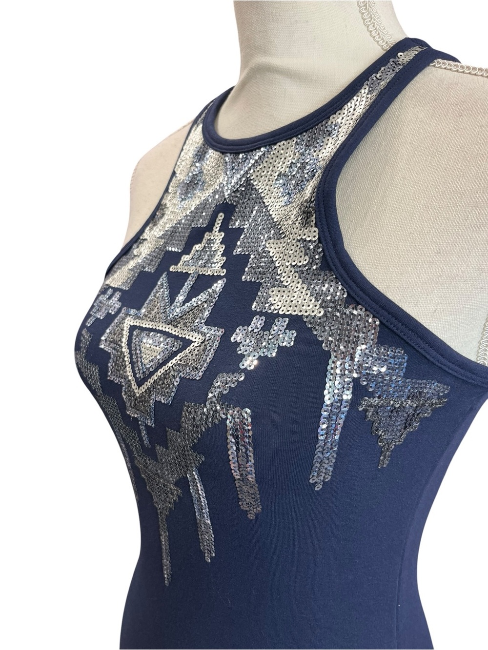 Express Sequin Aztec Bodycon Dress XS Navy Blue Racerback Stretch Mini - Picture 7 of 10